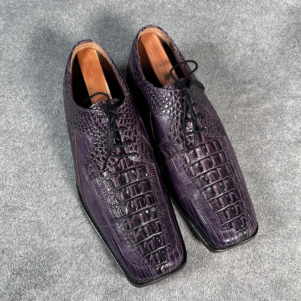 Stacy Adams Croc Embossed Derby Oxford Purple Leather Square Toe Shoes Mens 9.5M